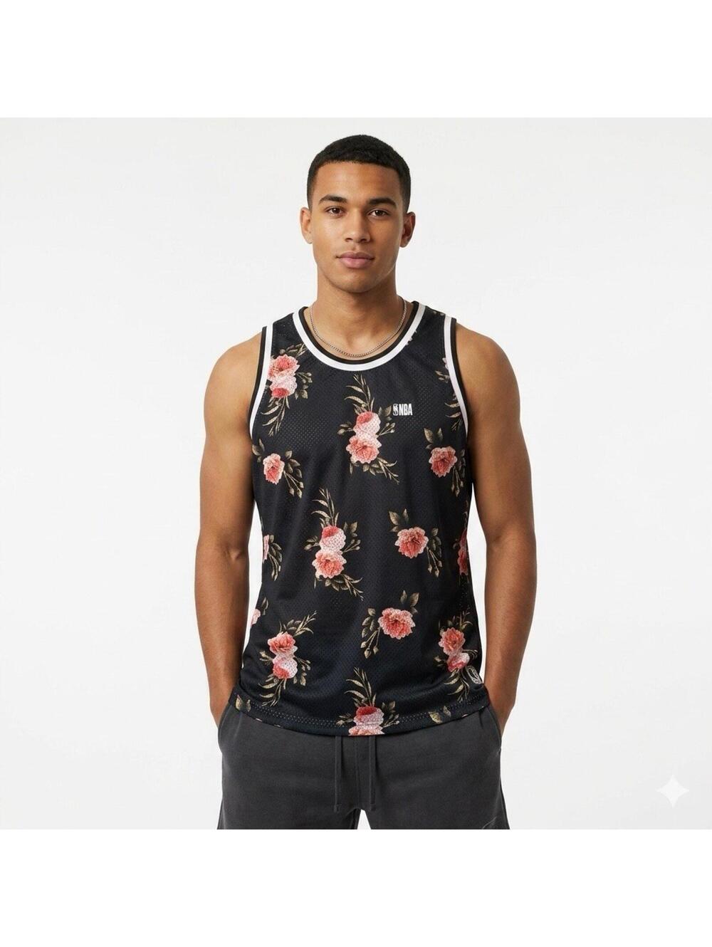 NBA Tank Top Mens Sz L  Black Rose Floral Mesh Basketball Jersey Streetwear Y2K